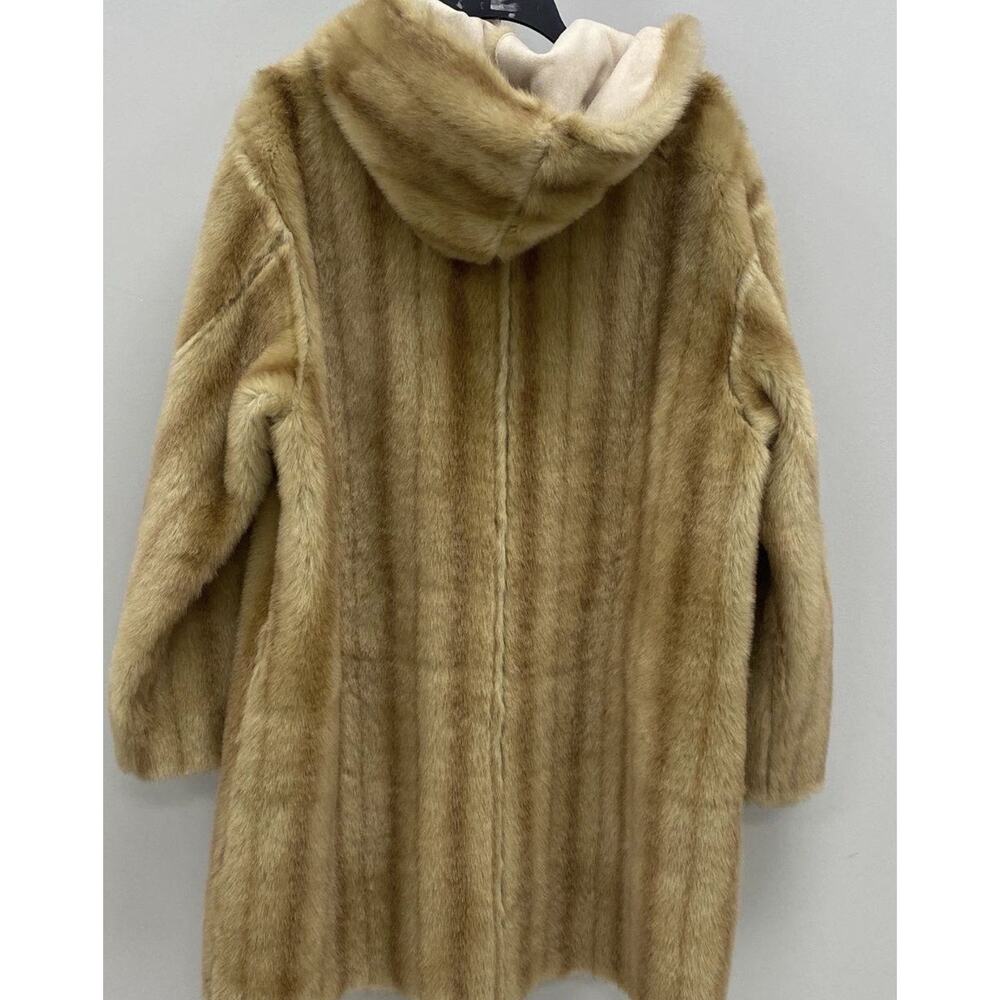 Jones NY Faux Suede Fur Coat Sz L Golden Tan Hooded Plush Reverse Jacket Mob Y2k - Picture 12 of 13